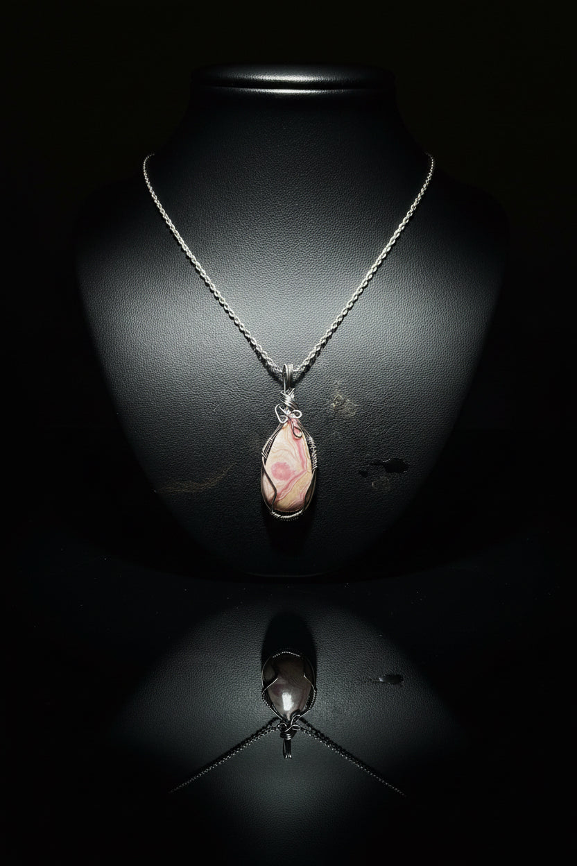 Rhodochrosite Wire Wrapped Necklace - Handcrafted Gemstone Jewelry
