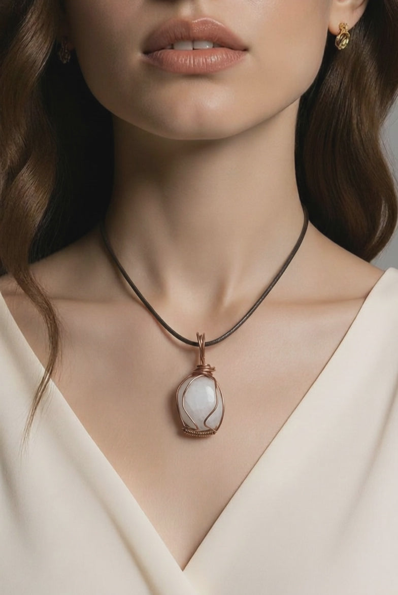 White Calcite Copper Wrapped Stone for Healing and Decor